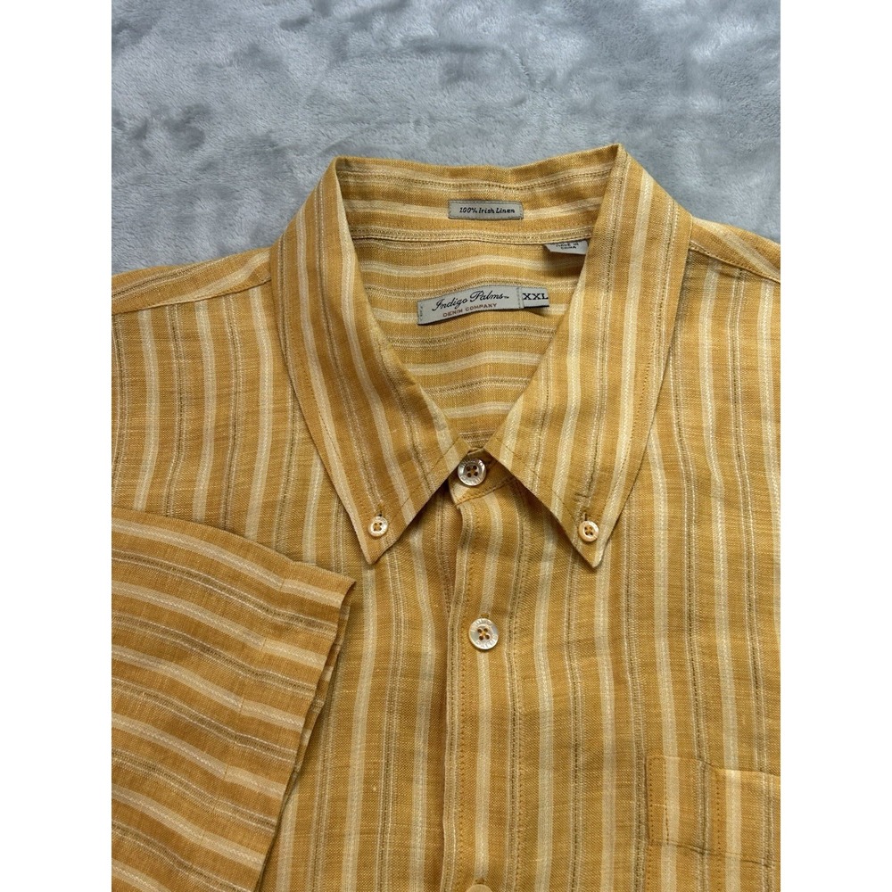 Indigo Palms Shirt Mens XXL 2XL Orange Striped Irish Linen Short Sleeve Dad Guys